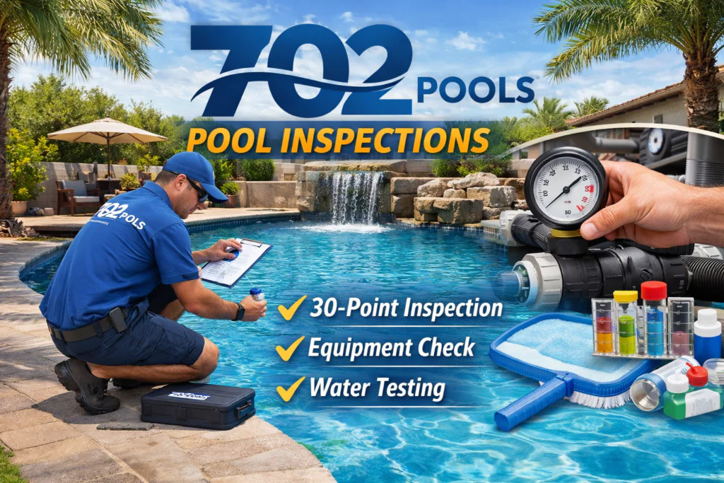 702 Pools technician performing a 30-point pool inspection, checking equipment pressure and water testing supplies poolside in Las Vegas